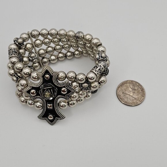 Silver Beaded Bracelet Multistrand Cross Faith Religious Grunge Rock Christian - Picture 10 of 16
